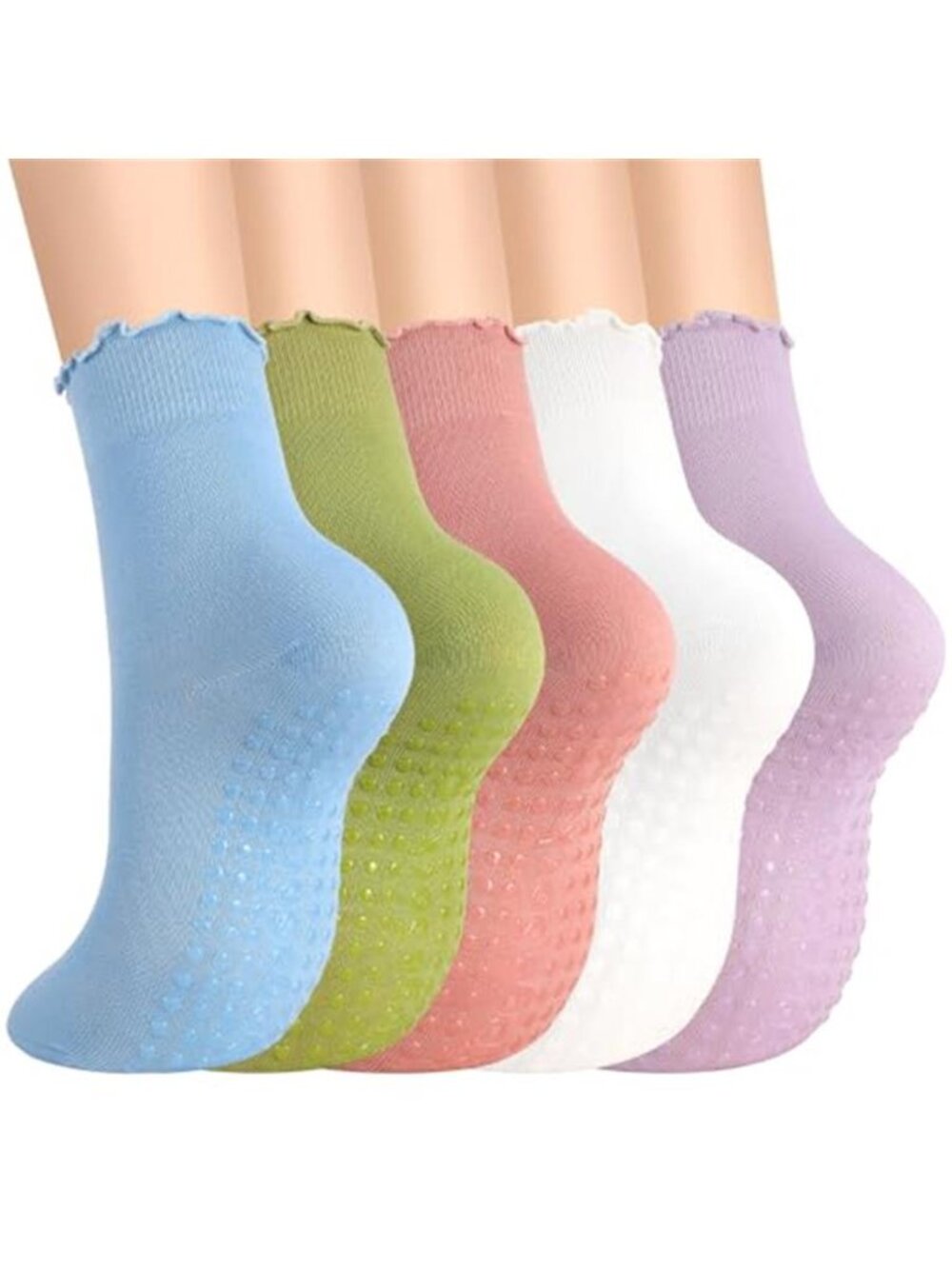 5 Pairs Pilates Yoga Grip Socks for Women Cute Ruffle Frilly Cuff Cotton Non